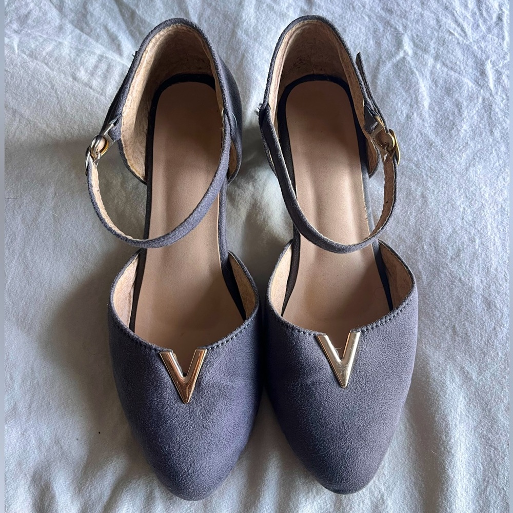 Grey kitten heels with easy hook clasp